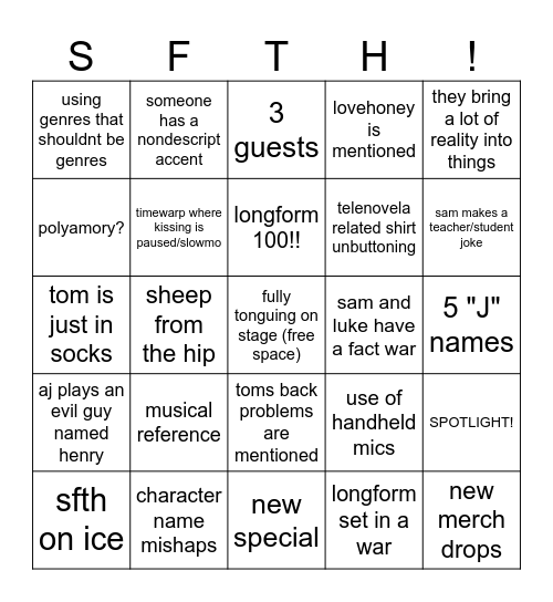 SFTH 2026 bingo card!! Bingo Card