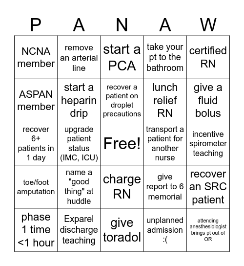 PACU Nurse Bingo Card