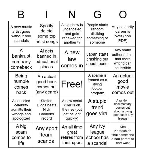 Plant's 2026 bingo card Bingo Card