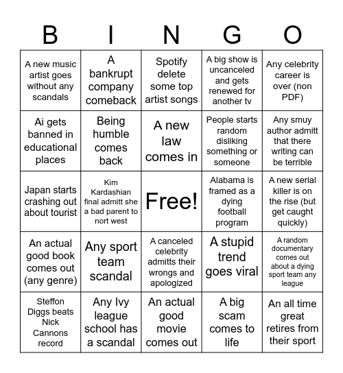 Plant's 2026 bingo card Bingo Card
