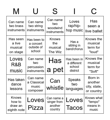 Getting to Know You - Music Edition Bingo Card