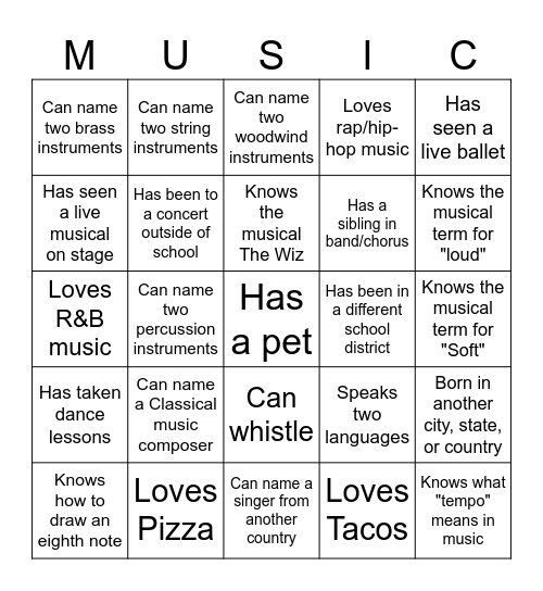 Getting to Know You - Music Edition Bingo Card