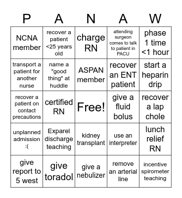 PACU Nurse Bingo Card