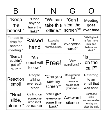 Teams Meeting Bingo Card