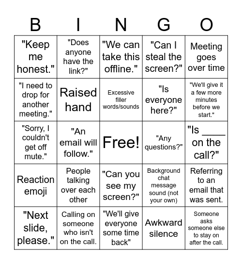 Teams Meeting Bingo Card