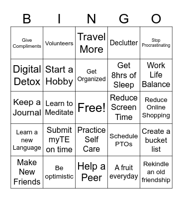 New Year Resolutions Bingo Card