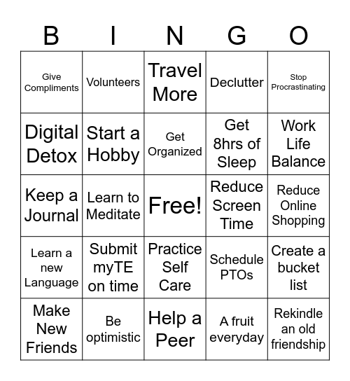 New Year Resolutions Bingo Card