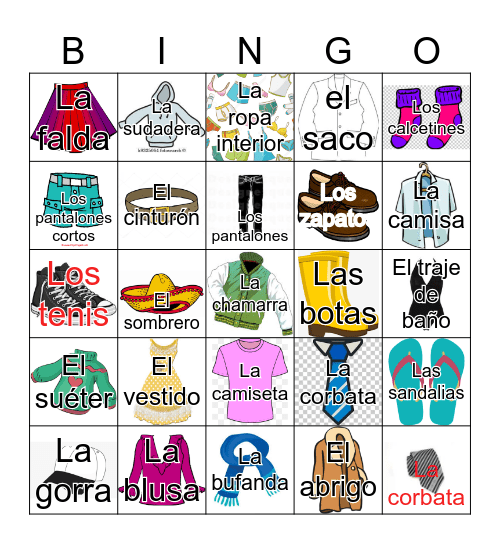 CCHS--Spanish 1, Unit 2 LA ROPA Bingo Card