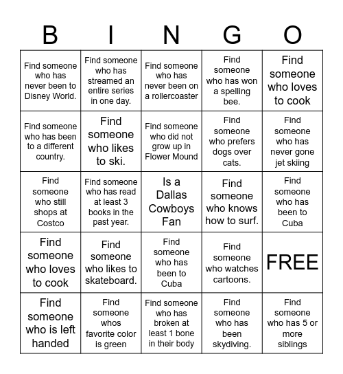 GET TO KNOW YOU Bingo Card