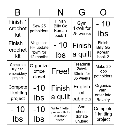 Lisa's 2026 Resolution Bingo Card