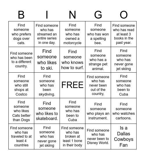 GET TO KNOW YOU Bingo Card