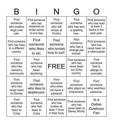 GET TO KNOW YOU Bingo Card