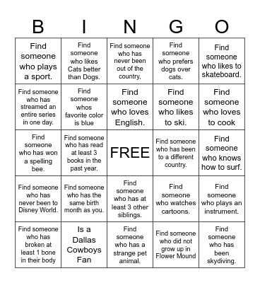 GET TO KNOW YOU Bingo Card