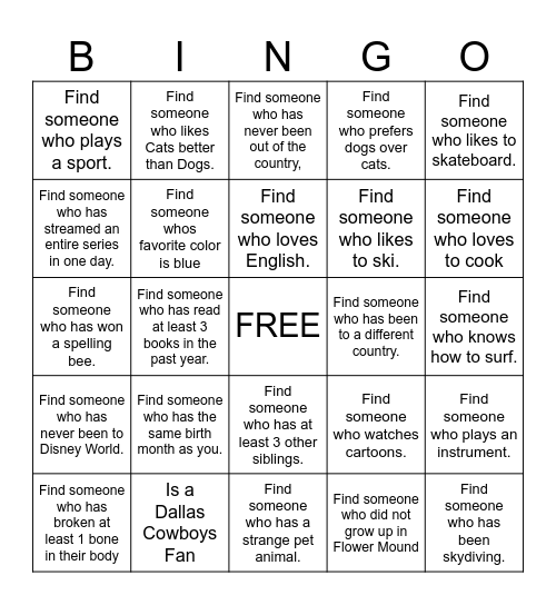 GET TO KNOW YOU Bingo Card