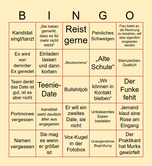 FIRST DATES BINGO Card