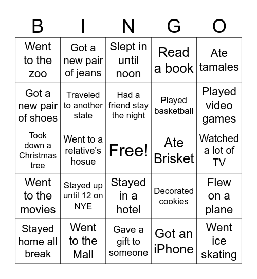 What Did You Do on Winter Break? Bingo Card