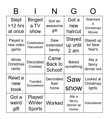 Winter Break Bingo Card