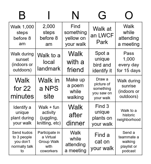LWCF Bingo Card