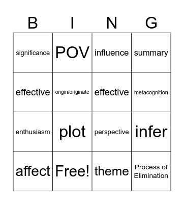 Academic Vocabulary Bingo Card