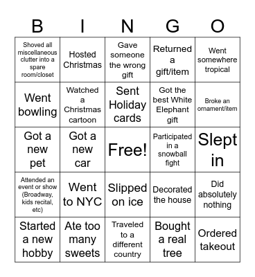 Things I did over the holiday break Bingo Card
