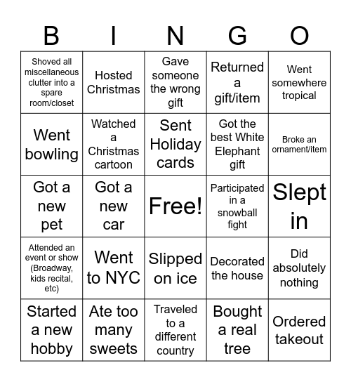 Things I did over the holiday break Bingo Card