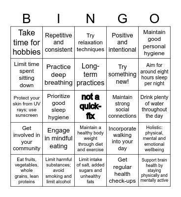 Healthy Habits Bingo Card