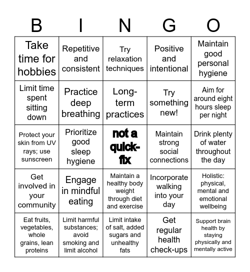 Healthy Habits Bingo Card