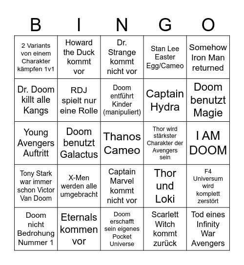 Avengers Doomsday Bingo Card