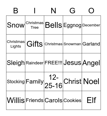 Willis Family Bingo Card