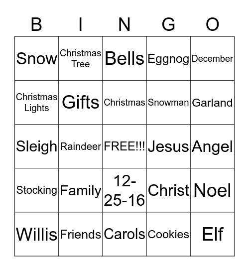 Willis Family Bingo Card