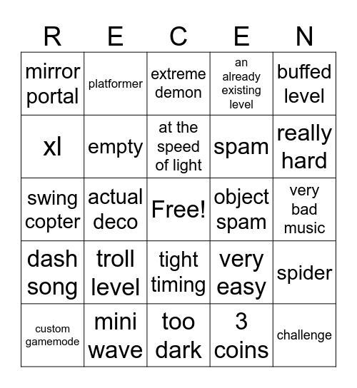recent tab Bingo Card