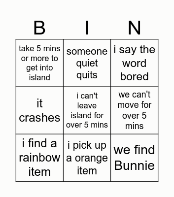 ACNH Treasure island Shopping Bingo Card