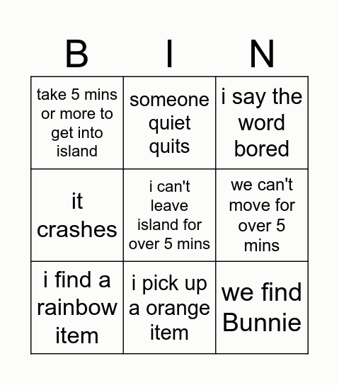 ACNH Treasure island Shopping Bingo Card