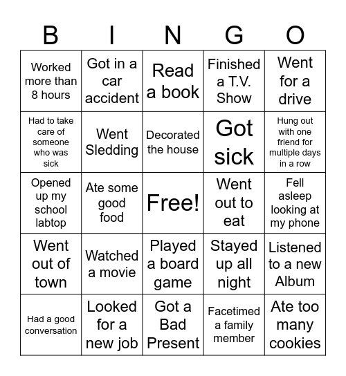 Test Winter Break Bingo Card