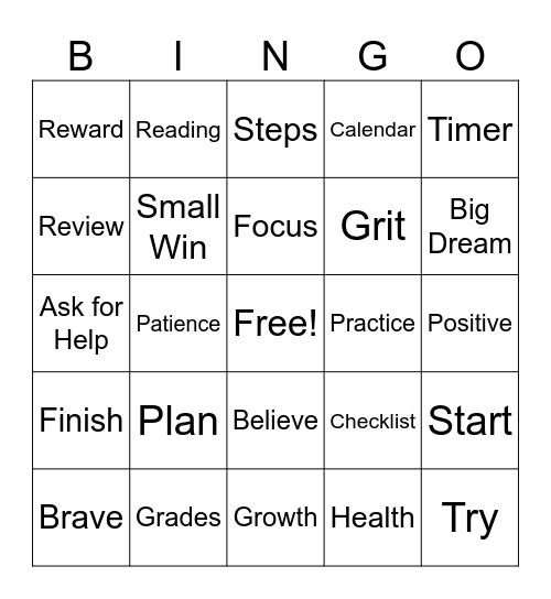 Goal Setting Bingo Card