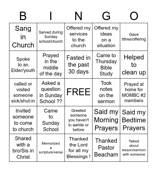Church Bingo Card