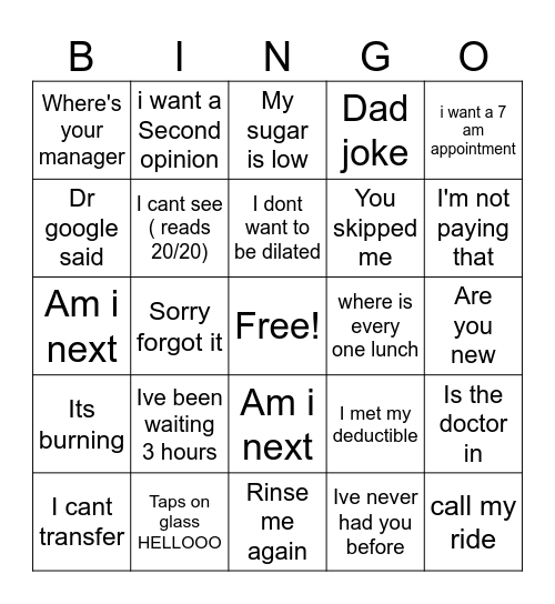Things Patients say Bingo Card