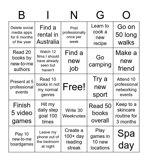 2026 Goals Bingo Card