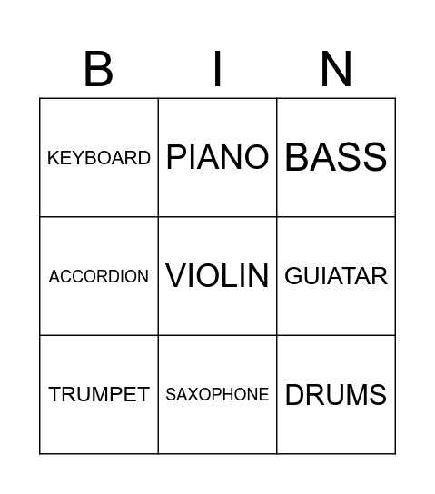 MUSICAL INTRUMENTS Bingo Card