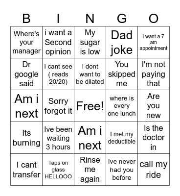 Things Patients say Bingo Card