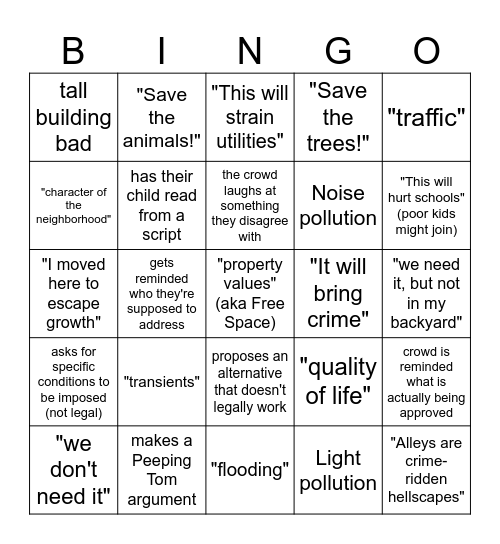 Public Comment Bingo Card