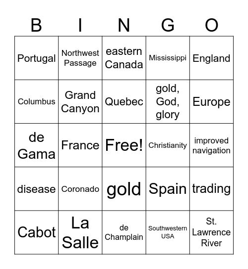 European Exploration Bingo Card