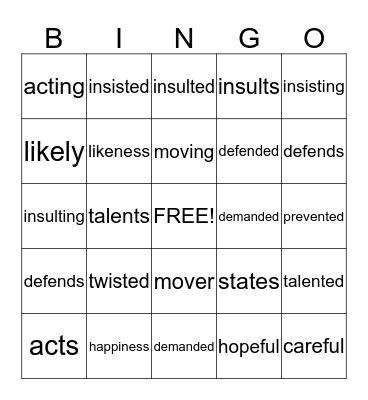 Suffix Bingo Card