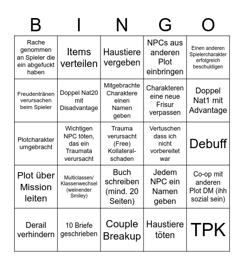 Plot DM Bingo/ Ziele des Plot DMs Bingo Card