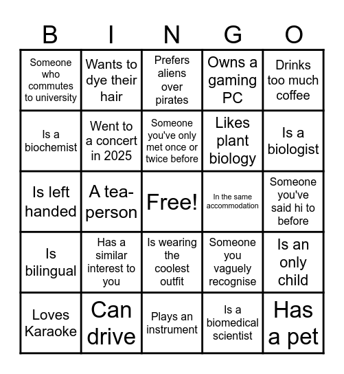 Bioscience Society Icebreaker 2025-26 Bingo Card
