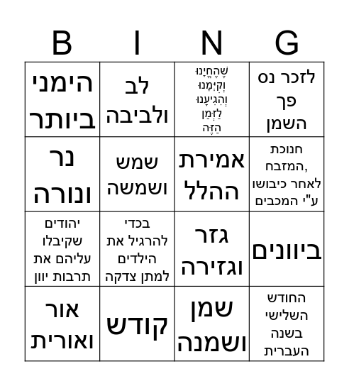 חג חנוכה שמח ומואר Bingo Card