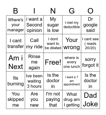 Things Patients say Bingo Card