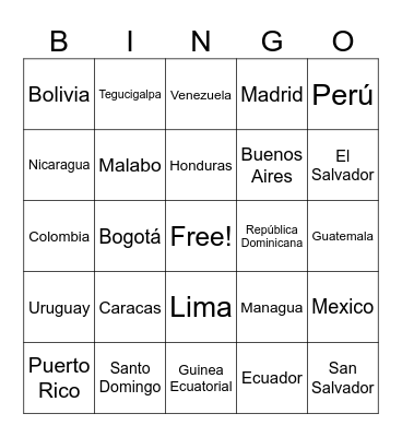 Capitals & Countries Bingo Card