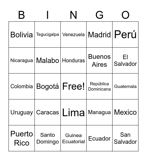 Capitals & Countries Bingo Card