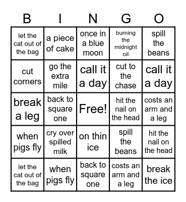 55 Idioms Neriah ESL Bingo Card